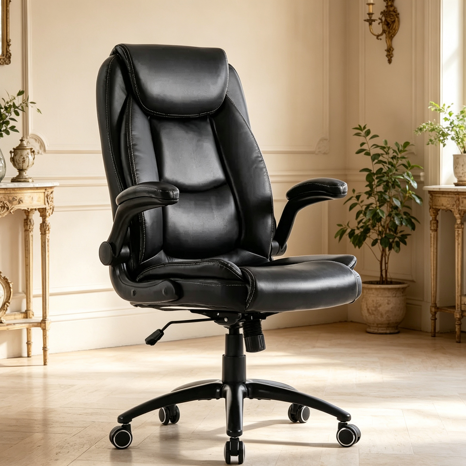 Fauteuil de bureau en cuir grande taille avec accoudoirs relevables et inclinaison réglable