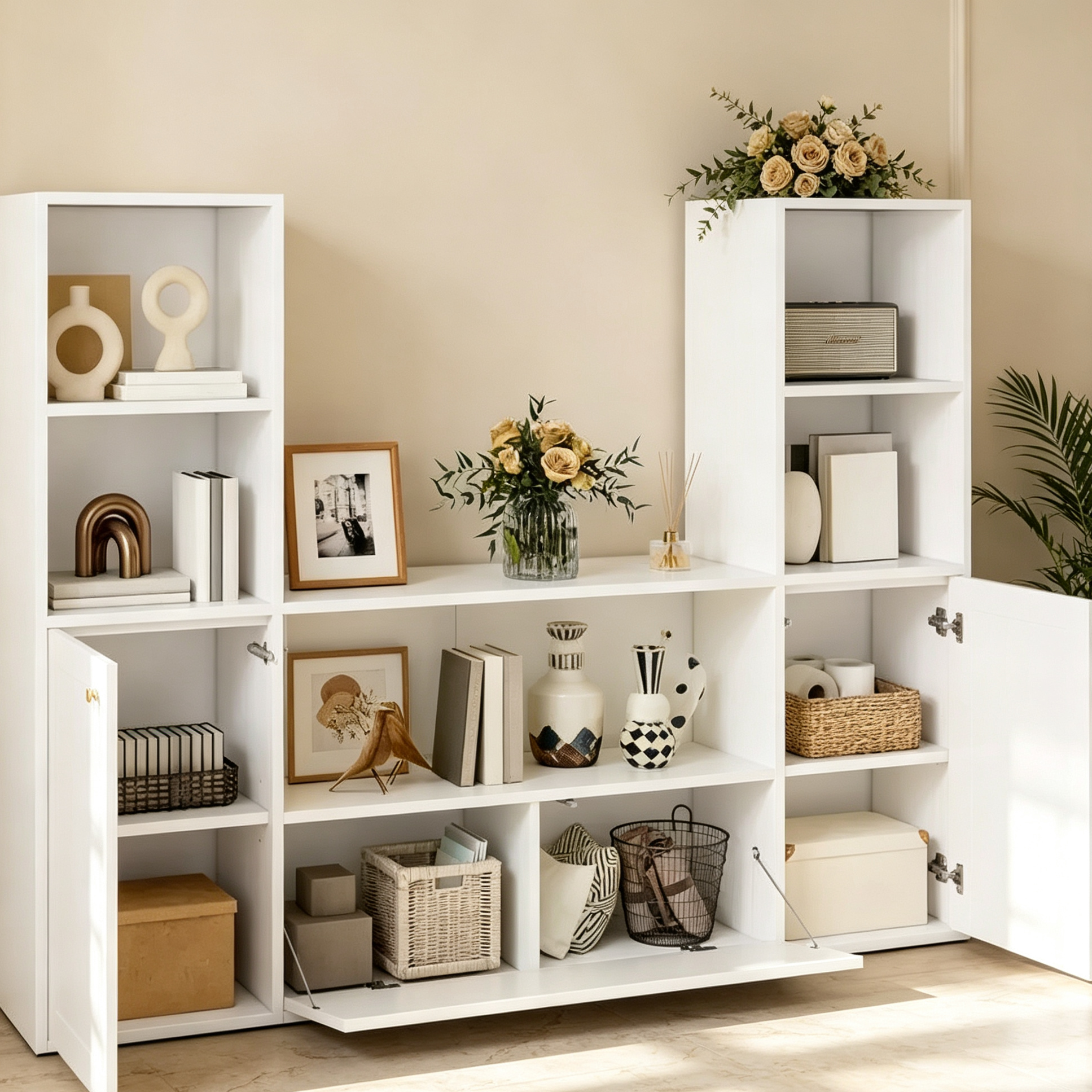 Étagère Bibliothèque en Forme de U à 4 Niveaux, Château, avec Meuble et Lumière LED, Organisateur de Rangement Cubique Blanc