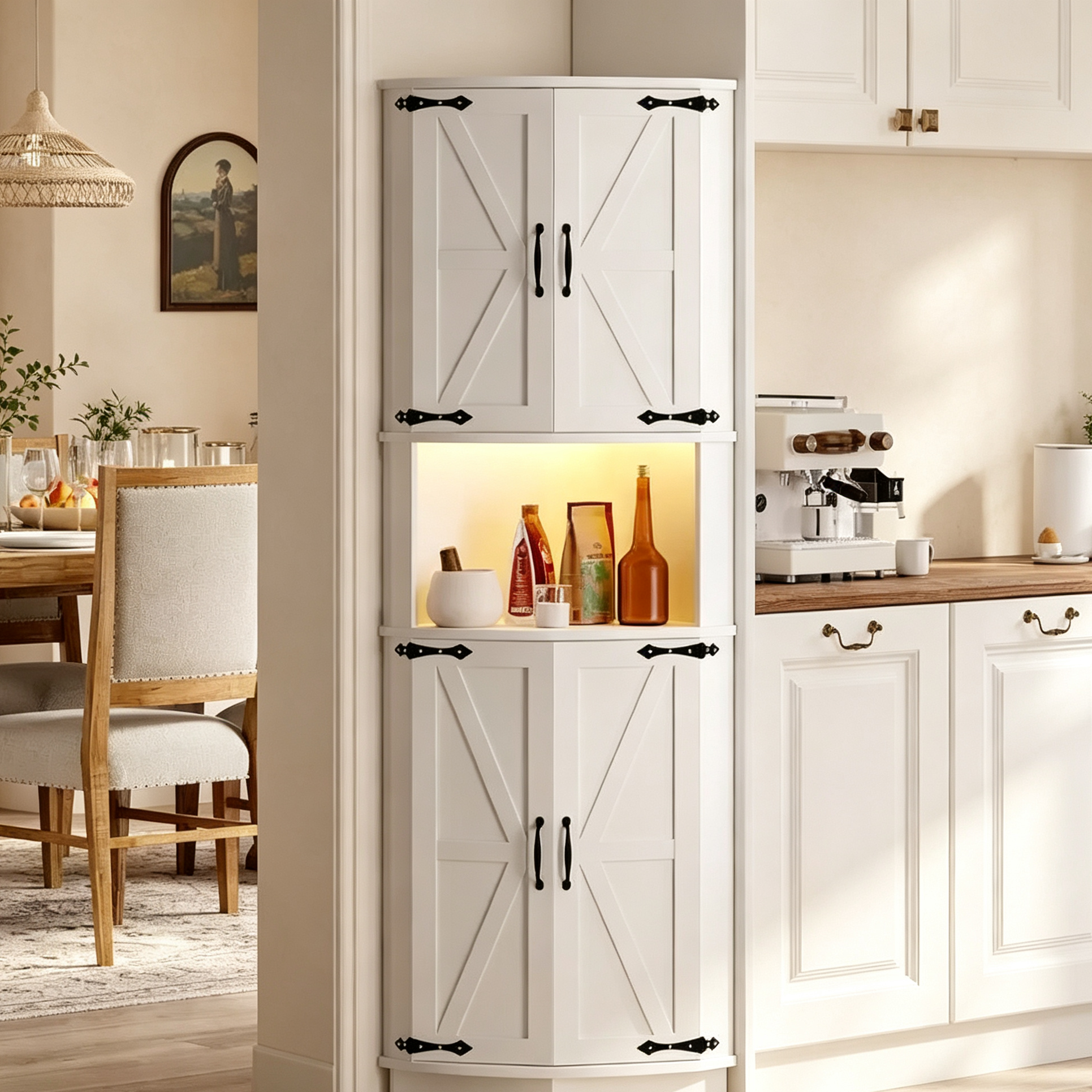Meuble d'angle de ferme haut de 65 po, 5 étagères avec ports USB et prises, organisateur d'espace pour salon, bar, cuisine, salle de bain