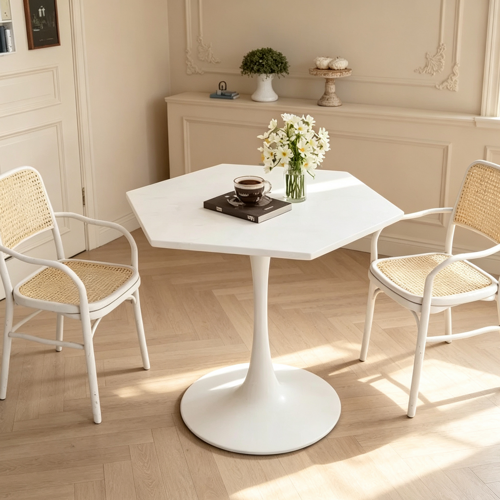 Table basse hexagonale moderne de 80 cm – Plateau effet marbre blanc, piètement en métal