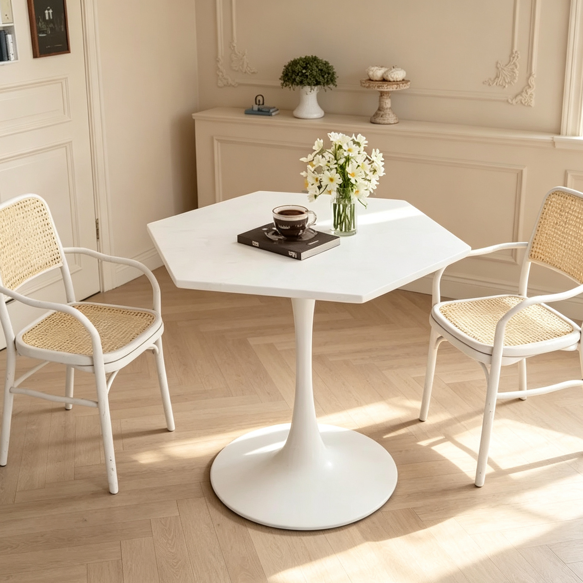Table basse hexagonale moderne de 80 cm – Plateau effet marbre blanc, piètement en métal