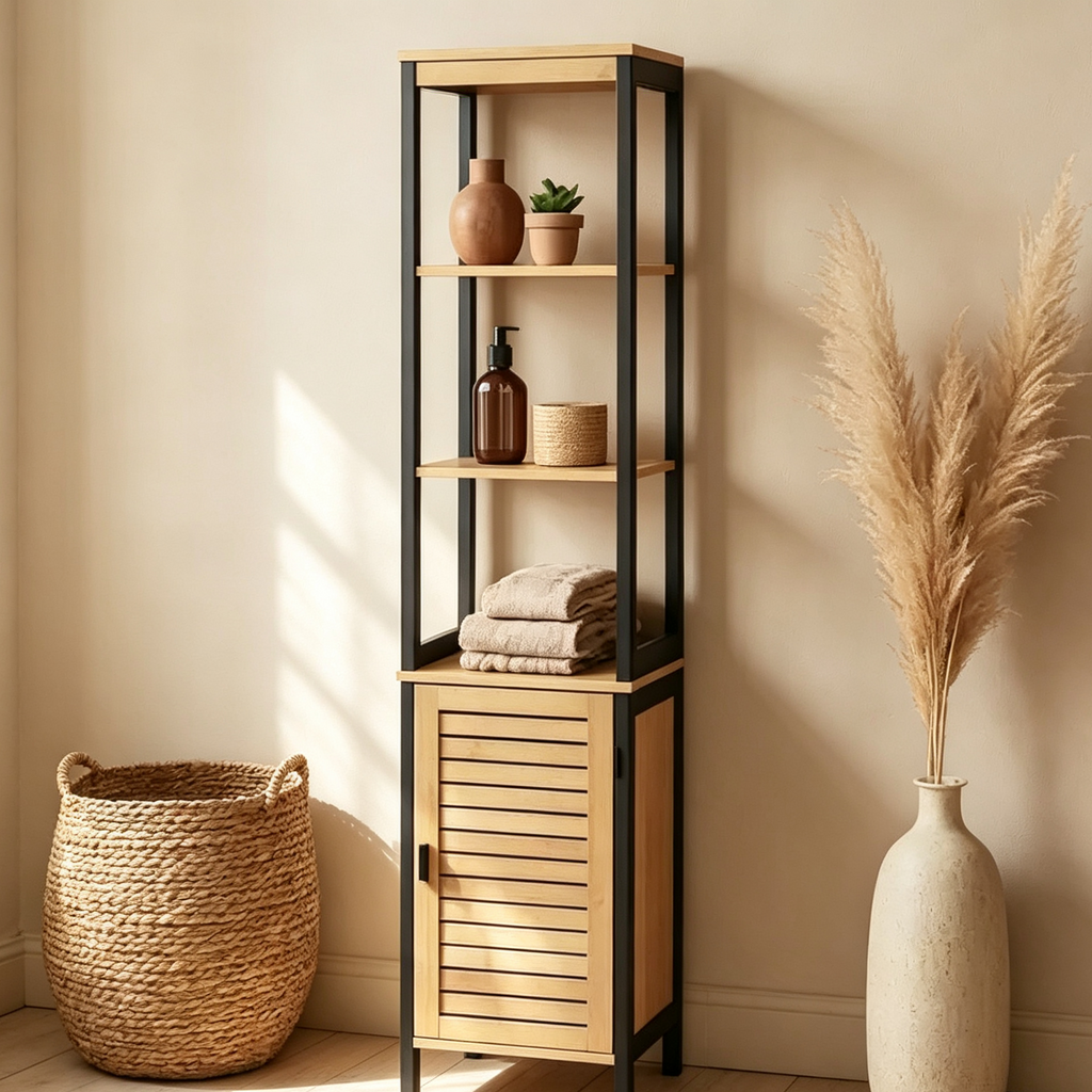 Tour de rangement en bambou et lin - Noir contemporain, 172,7 cm H