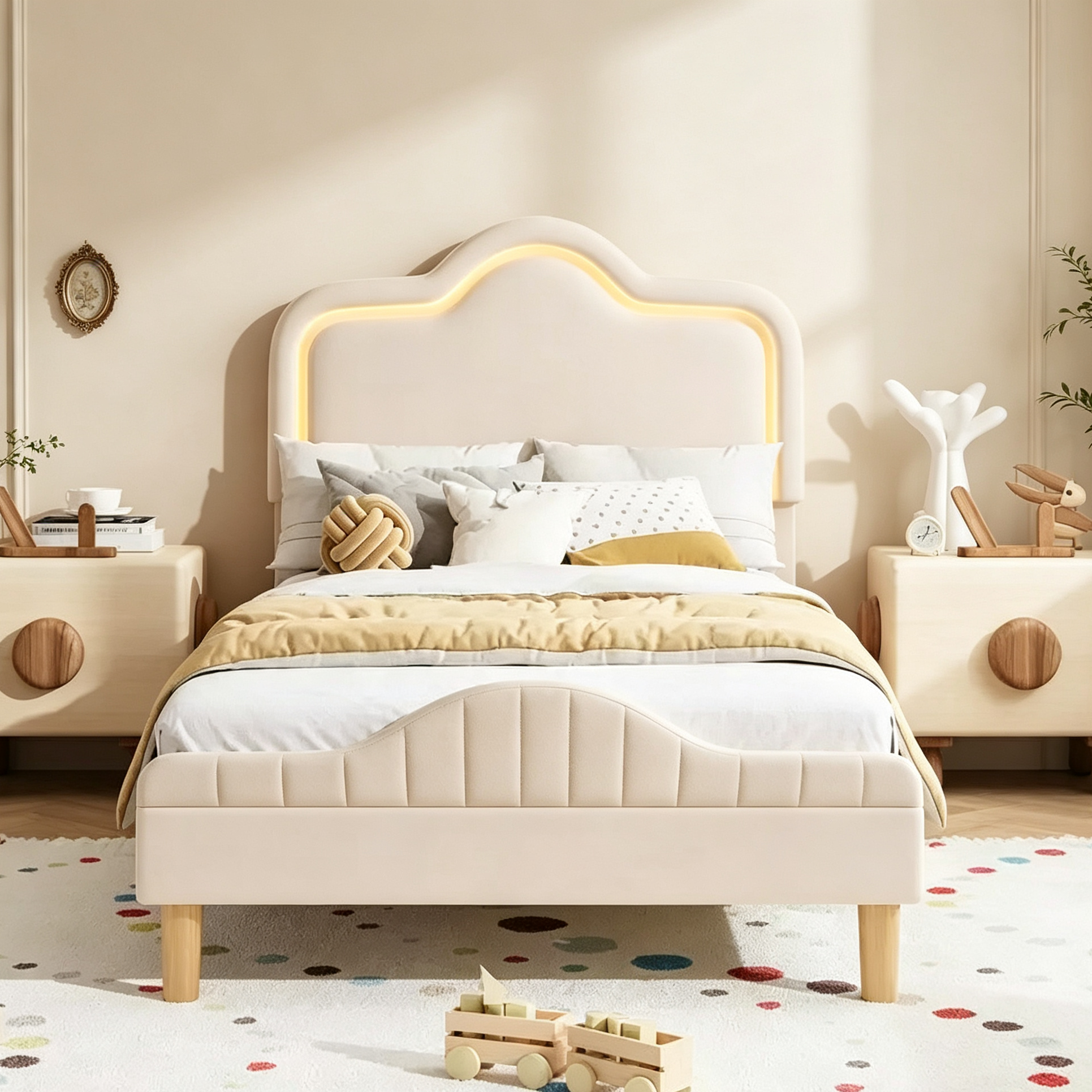 Cadre de lit princesse jumeau/double/grand format avec tête de lit réglable et revêtement en velours - Lit plateforme pour enfants