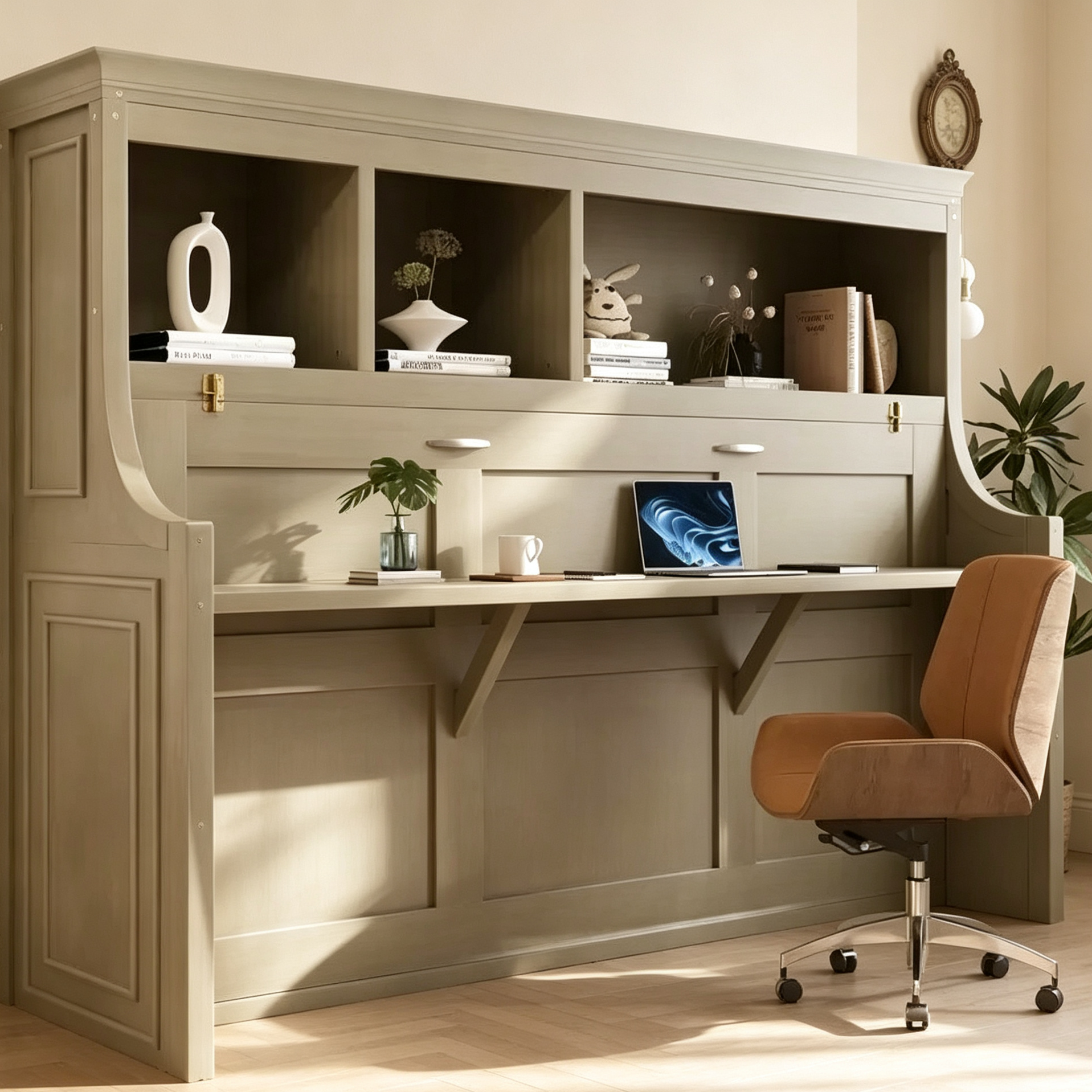 Lit escamotable pour jumeaux avec bureau intégré et étagères de rangement