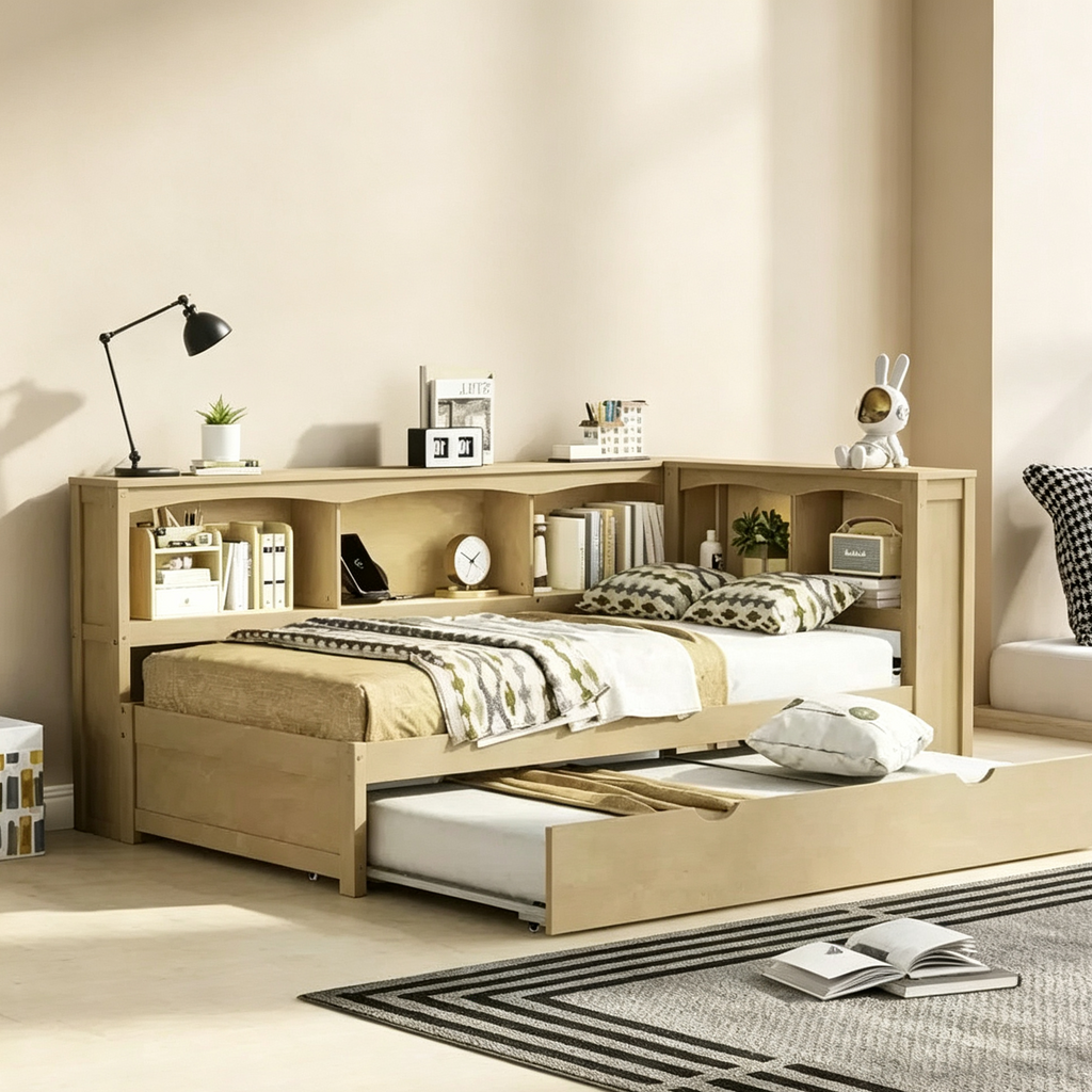 Lit de repos simple avec lit gigogne ou 2 tiroirs, armoires de rangement et ports USB