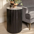 Table d'appoint cannelée en bois de manguier rond avec plateau en marbre, finition noire