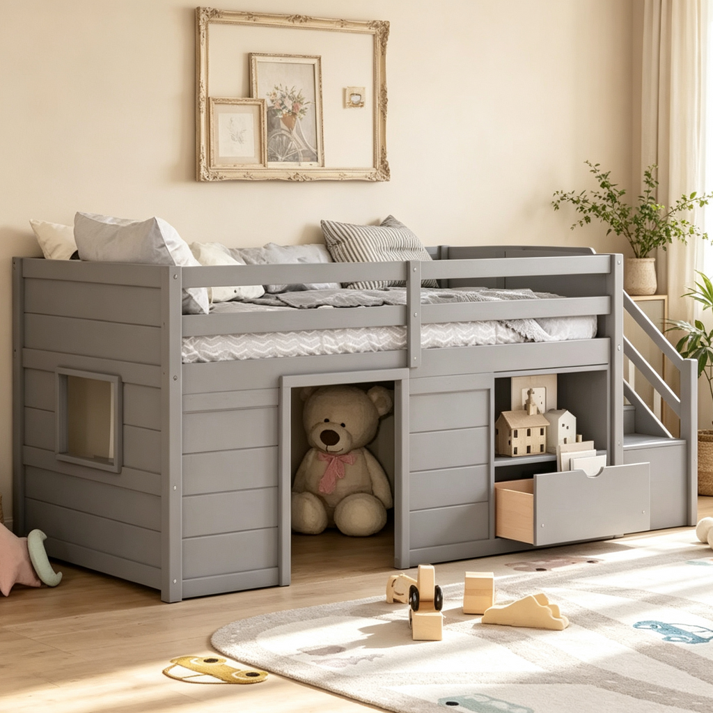 Lits mezzanines bas une place, lit une place avec escalier et garde-corps de sécurité pour enfants, adolescents et jeunes filles, cadre de lit en bois une place