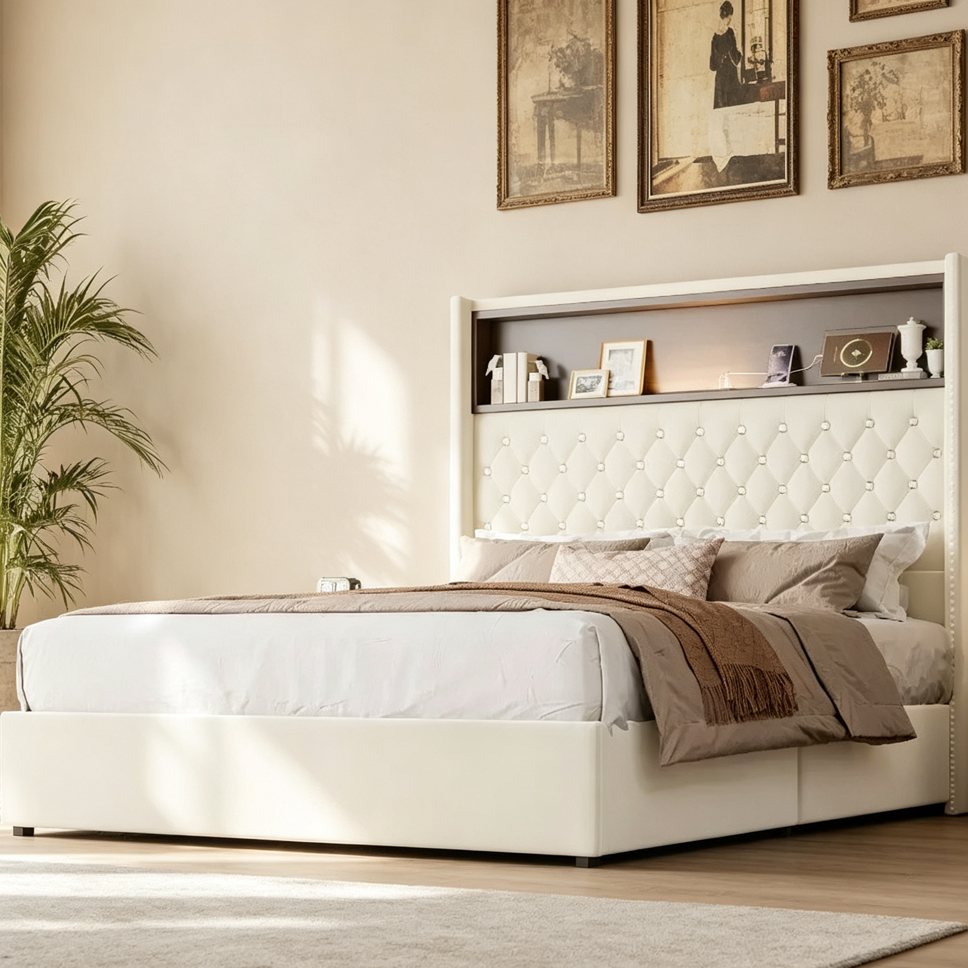 Cadre de lit plateforme capitonné en velours, taille Full/Queen, avec port USB et veilleuse, lit plateforme à dossier incurvé avec tête de lit décorée de rivets et étagère