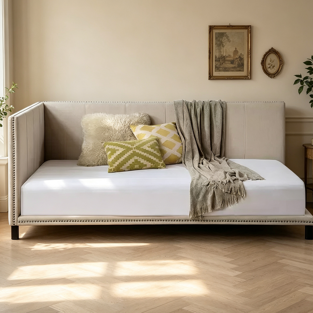 Lit de repos entièrement capitonné – Lin beige, garniture cloutée