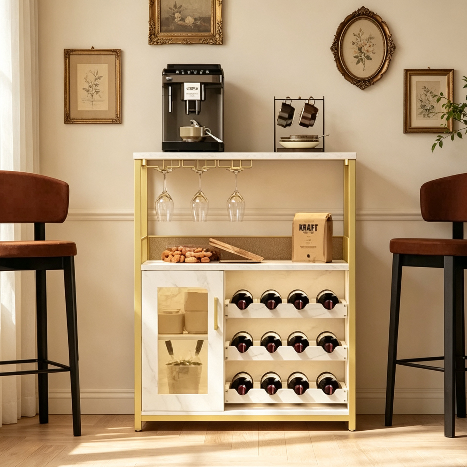 Meuble à vin, meuble de bar à café de ferme avec prise de courant et lumière LED, meuble à alcool doré avec étagère amovible et porte-verres