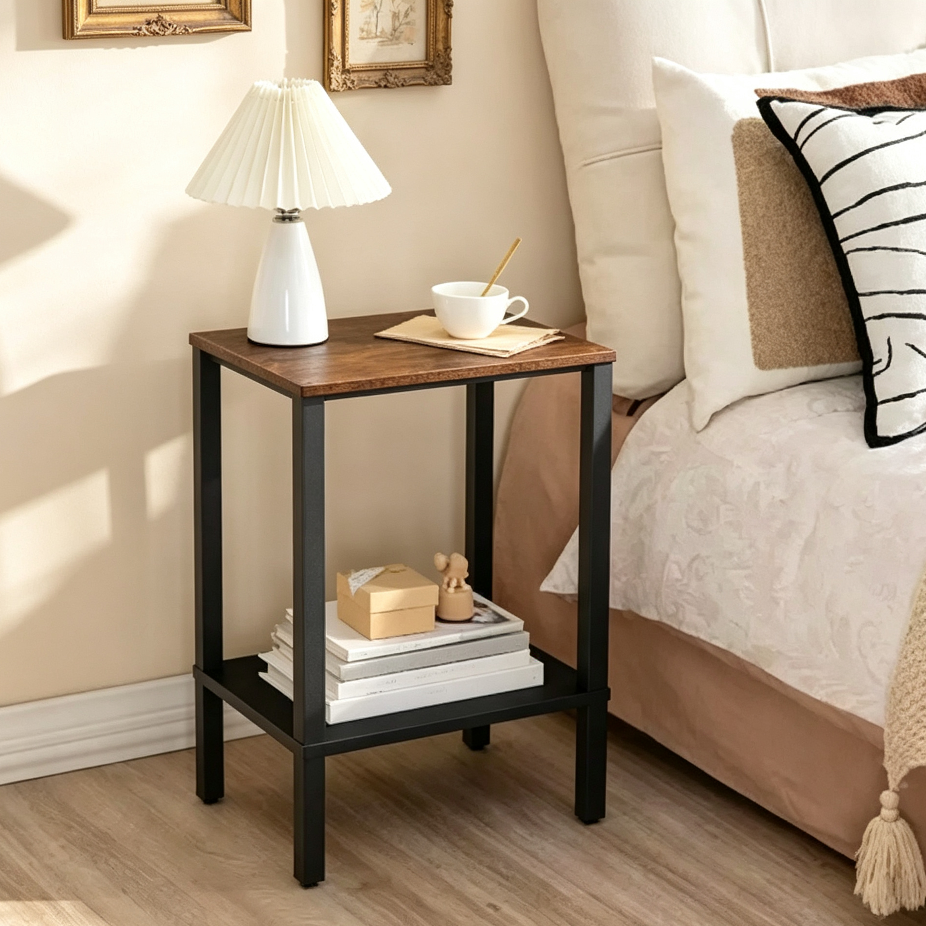 Petite table d'appoint à 2 niveaux avec décoration en rotin synthétique - Marron rustique et noir
