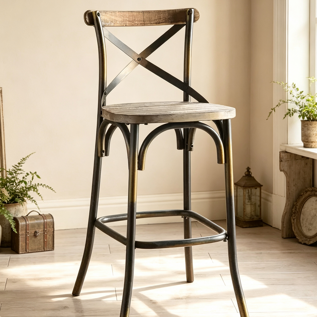 Chaise de bar en métal et bois avec dossier en X