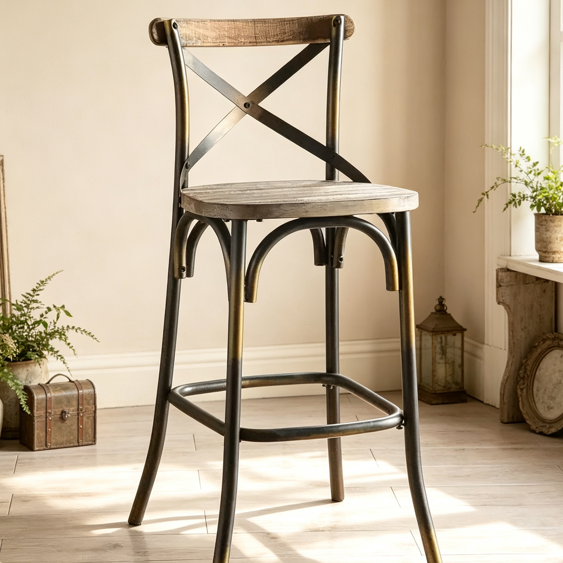 Chaise de bar en métal et bois avec dossier en X