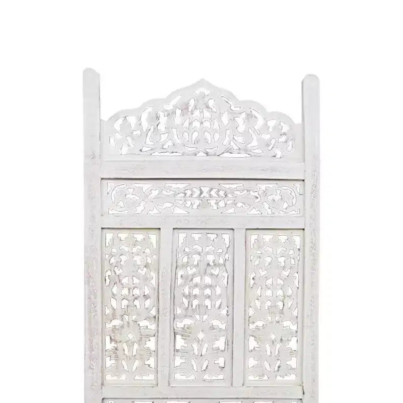 Paravent en bois sculpté à 4 panneaux – Blanc vieilli