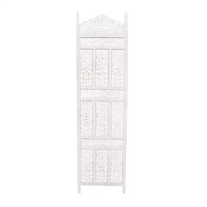 Paravent en bois sculpté à 4 panneaux – Blanc vieilli