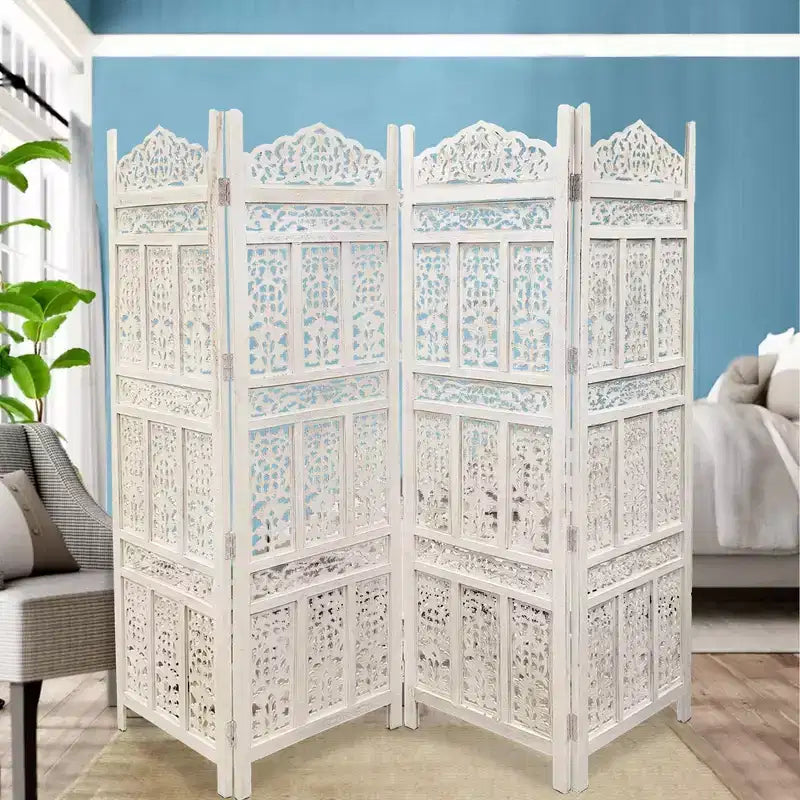 Paravent en bois sculpté à 4 panneaux – Blanc vieilli