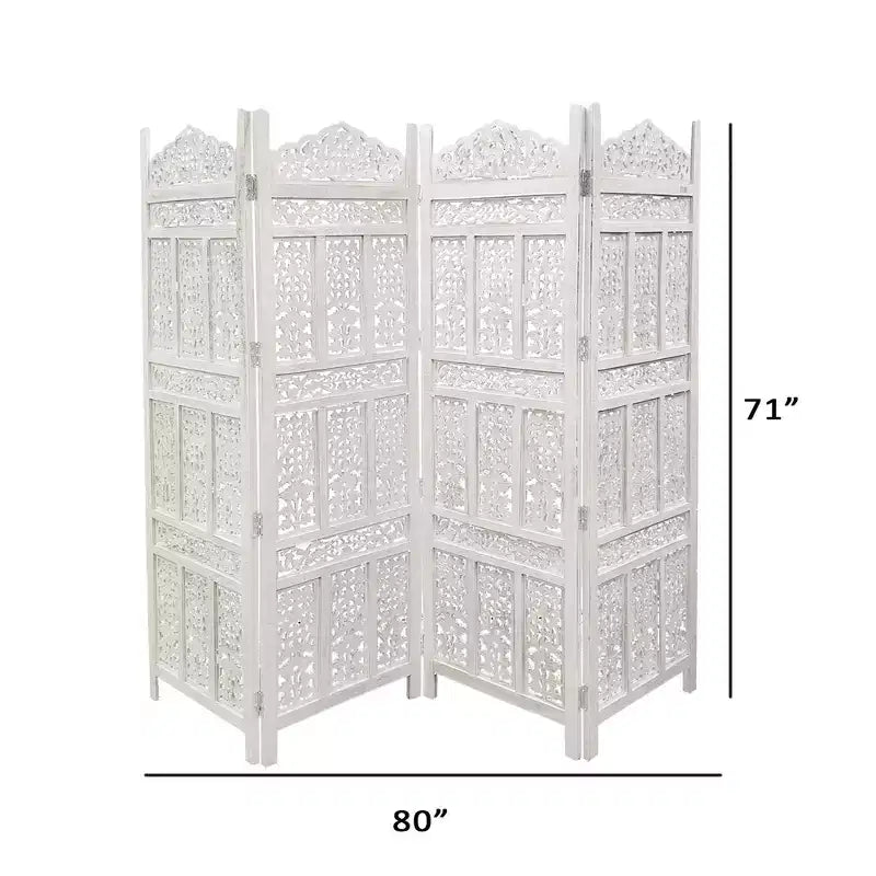 Paravent en bois sculpté à 4 panneaux – Blanc vieilli