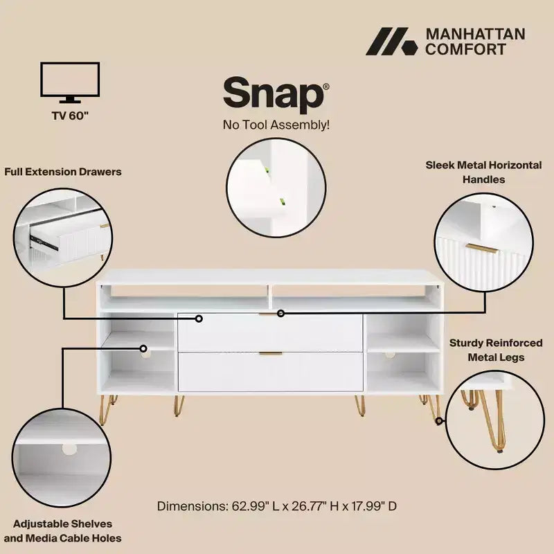 Meuble TV moderne du milieu du siècle de 160 cm pour téléviseurs jusqu'à 60" - Blanc