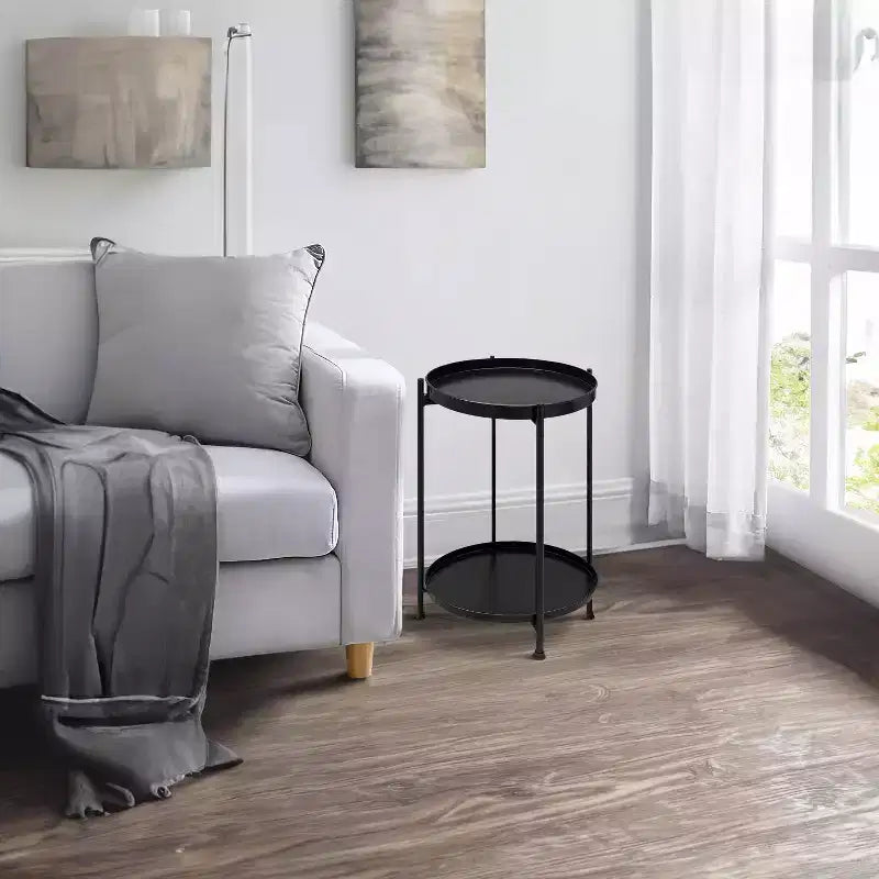 Table d'appoint ronde moderne en métal noir de 15 po avec pieds pliables