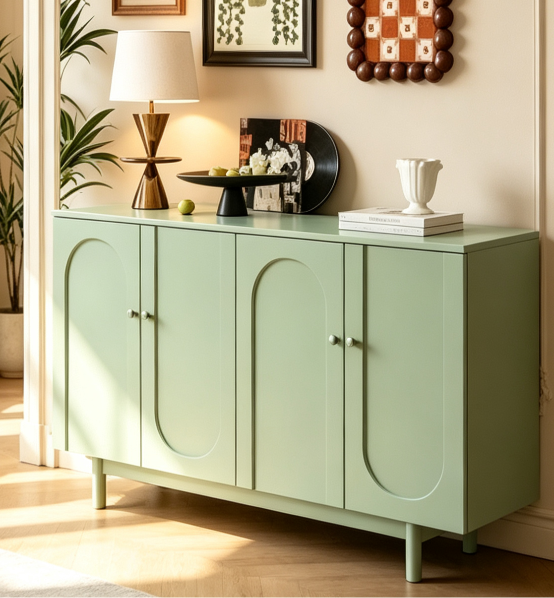 Buffet de rangement à 4 portes de 150 cm avec portes intaglio - Blanc/Vert menthe