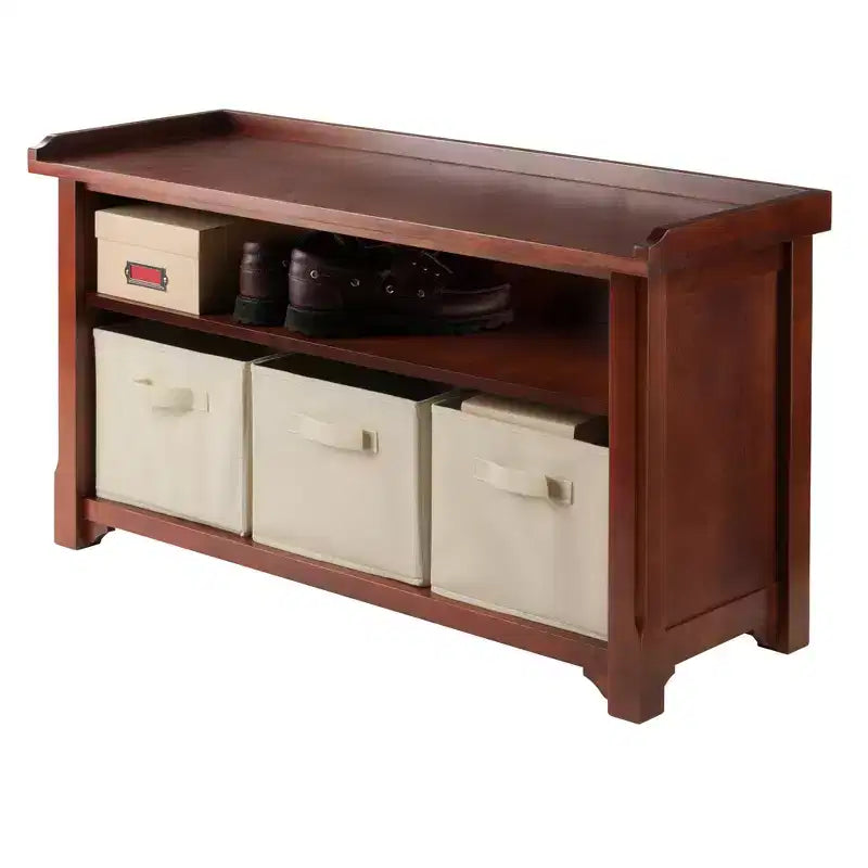 Banc de rangement avec 3 paniers en tissu pliables - Noyer