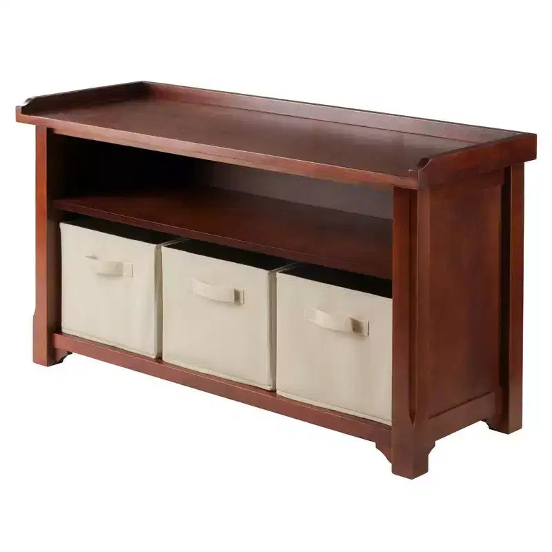Banc de rangement avec 3 paniers en tissu pliables - Noyer