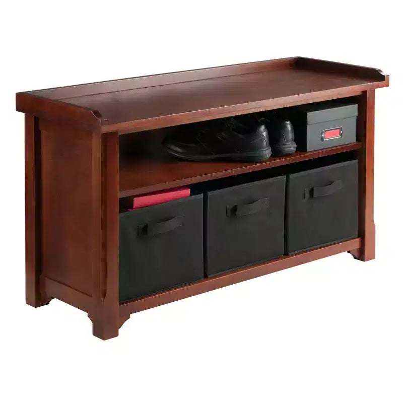 Banc de rangement avec 3 paniers en tissu pliables - Noyer