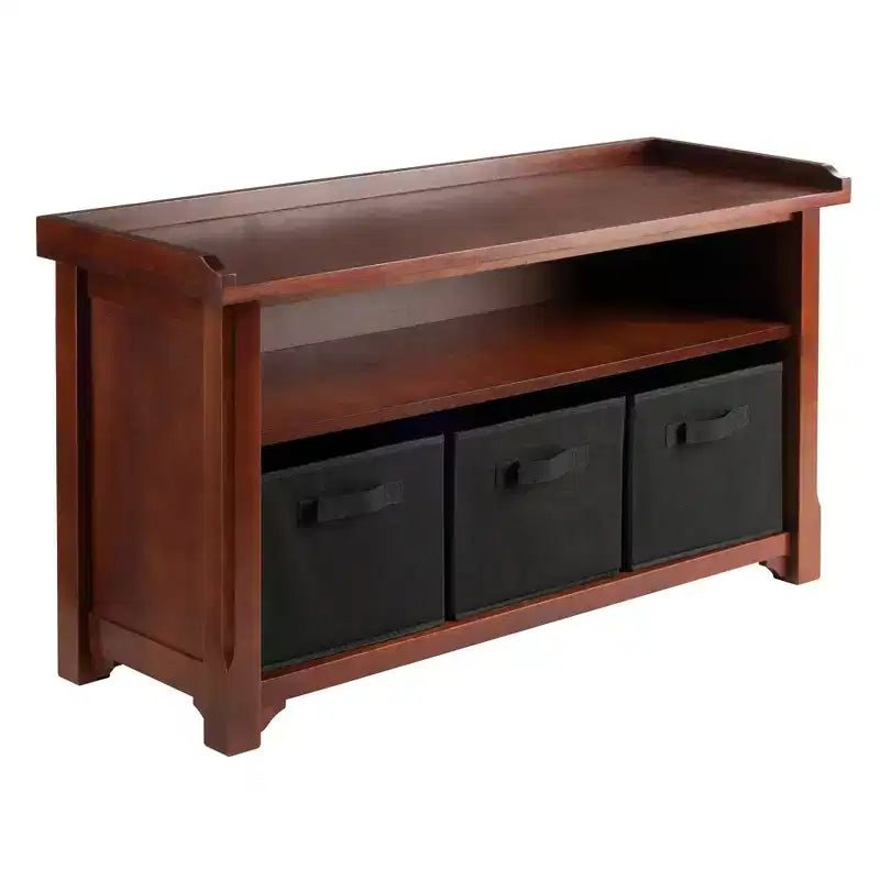 Banc de rangement avec 3 paniers en tissu pliables - Noyer
