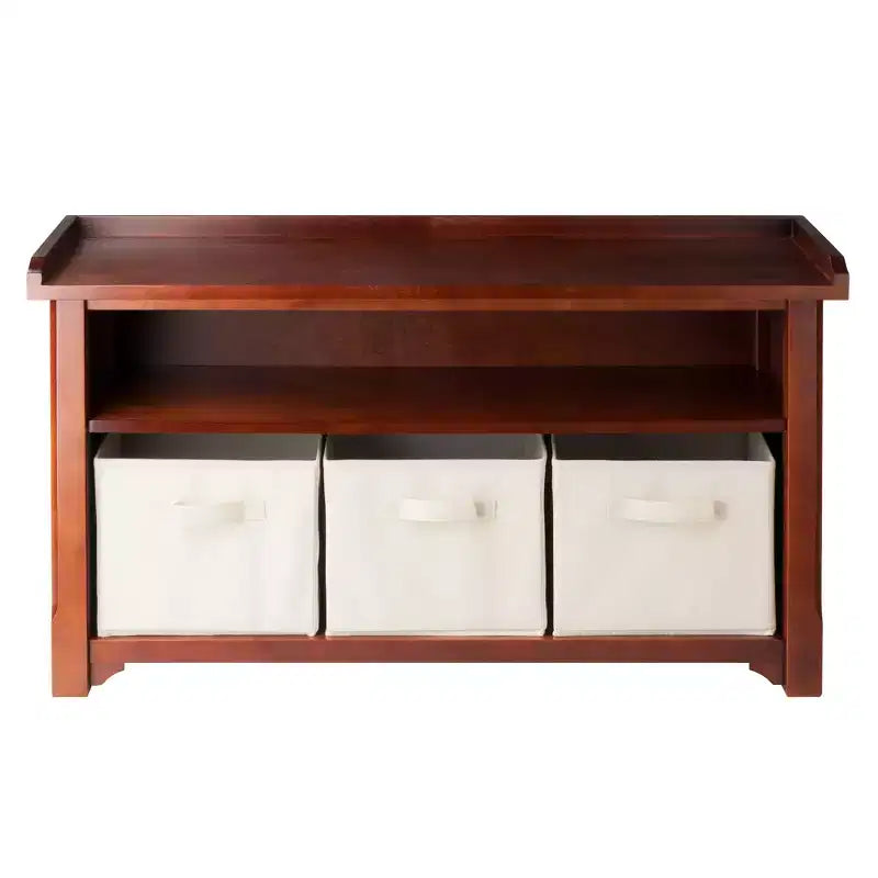 Banc de rangement avec 3 paniers en tissu pliables - Noyer