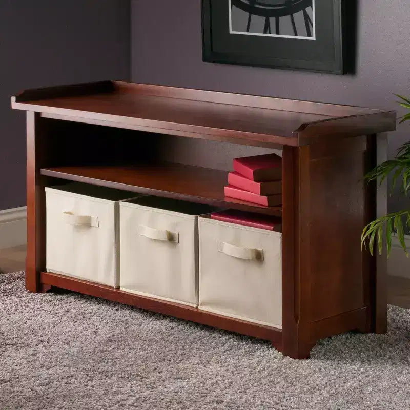 Banc de rangement avec 3 paniers en tissu pliables - Noyer