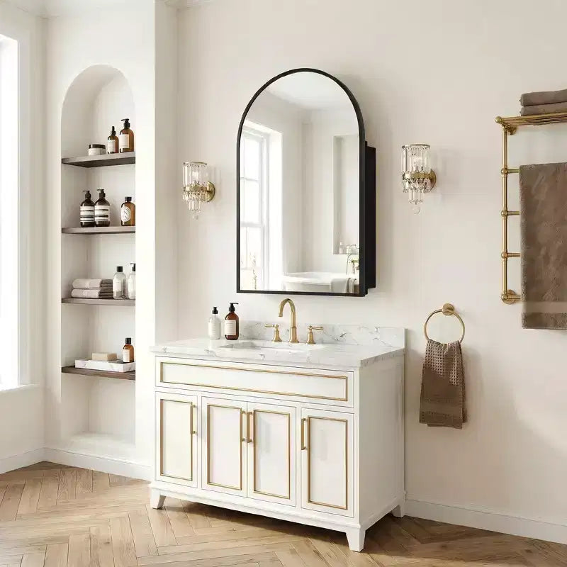 Armoire à pharmacie moderne arquée avec miroir, cadre métallique pour rangement de salle de bain - 36x24