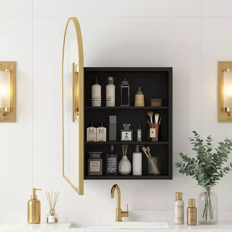 Armoire à pharmacie moderne arquée avec miroir, cadre métallique pour rangement de salle de bain - 36x24