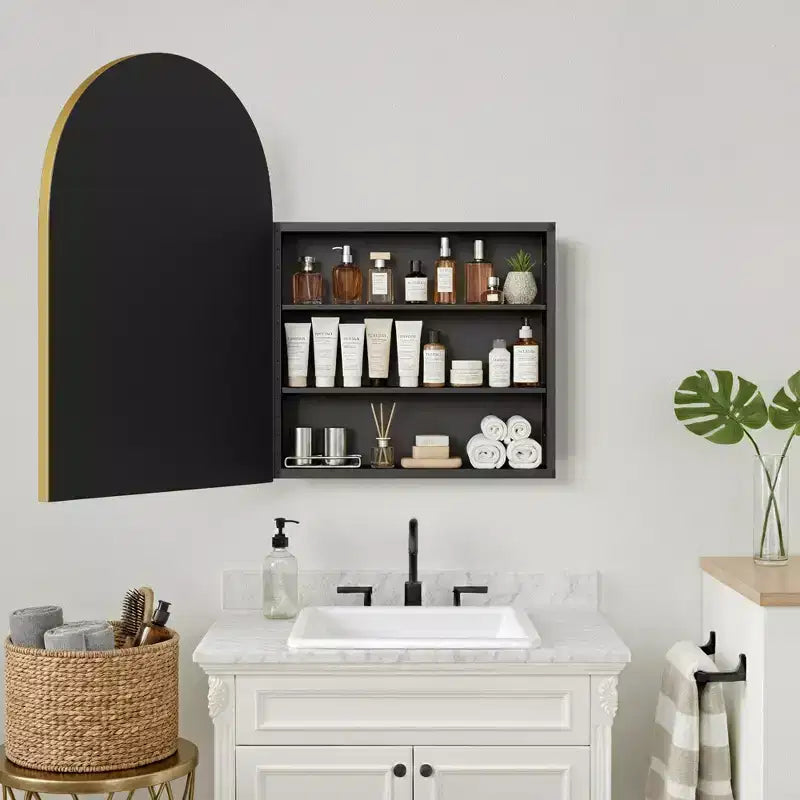 Armoire à pharmacie moderne arquée avec miroir, cadre métallique pour rangement de salle de bain - 36x24