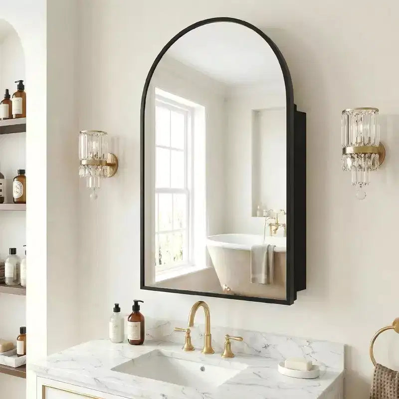 Armoire à pharmacie moderne arquée avec miroir, cadre métallique pour rangement de salle de bain - 36x24