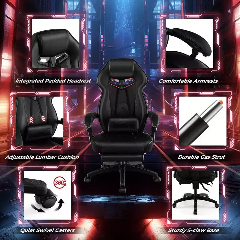 Fauteuil de gaming ergonomique E-Sport avec appui-tête et support lombaire rembourrés