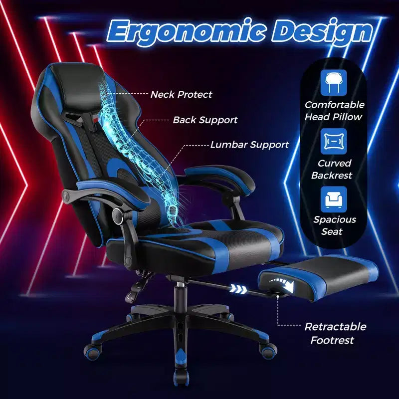 Fauteuil de gaming ergonomique E-Sport avec appui-tête et support lombaire rembourrés