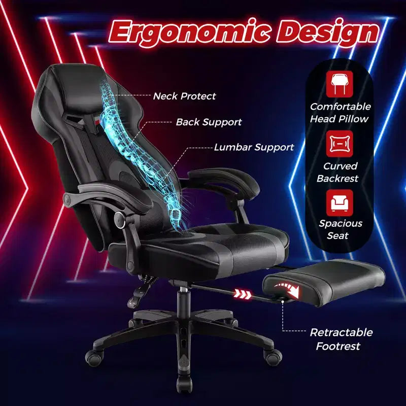 Fauteuil de gaming ergonomique E-Sport avec appui-tête et support lombaire rembourrés
