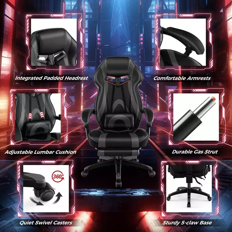 Fauteuil de gaming ergonomique E-Sport avec appui-tête et support lombaire rembourrés