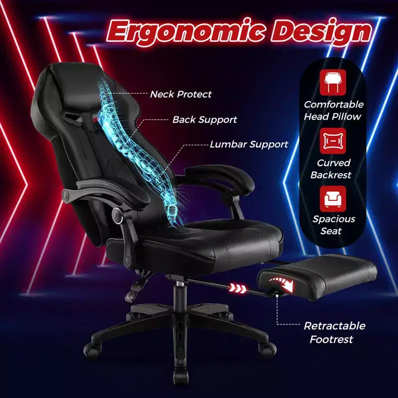 Fauteuil de gaming ergonomique E-Sport avec appui-tête et support lombaire rembourrés