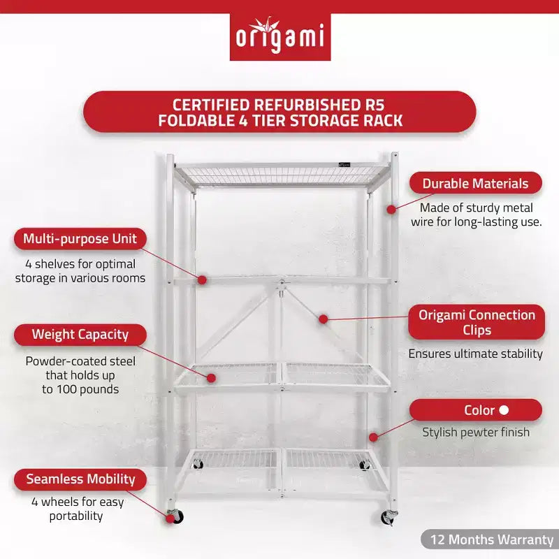 Étagère de rangement pliable en métal à 4 niveaux avec roulettes, capacité de 453 kg - Blanc, certifiée reconditionnée