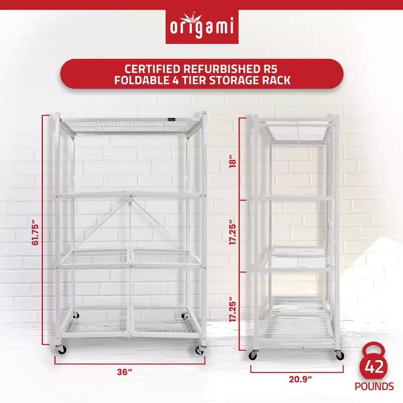 Étagère de rangement pliable en métal à 4 niveaux avec roulettes, capacité de 453 kg - Blanc, certifiée reconditionnée