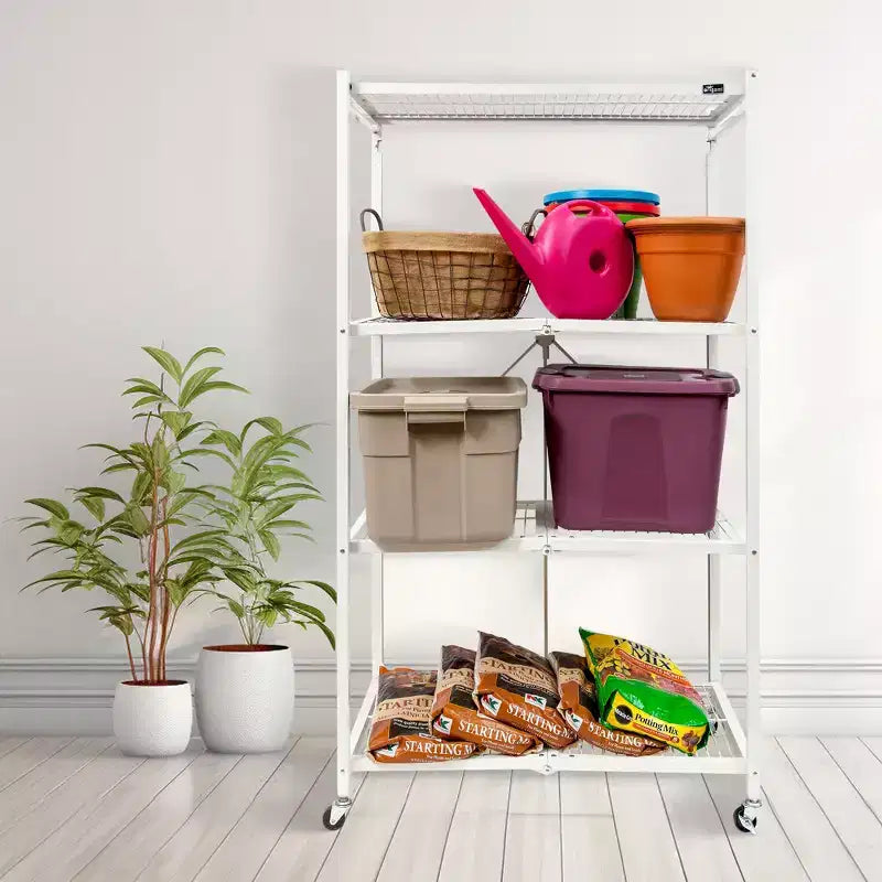 Étagère de rangement pliable en métal à 4 niveaux avec roulettes, capacité de 453 kg - Blanc, certifiée reconditionnée