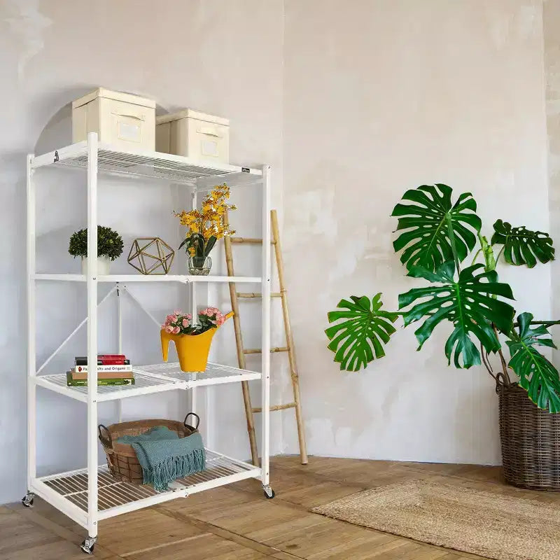 Étagère de rangement pliable en métal à 4 niveaux avec roulettes, capacité de 453 kg - Blanc, certifiée reconditionnée