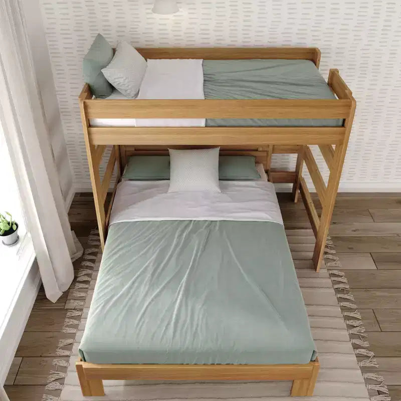 Lit superposé en L en bois massif style rustique, format double sur grand deux places, pour adultes