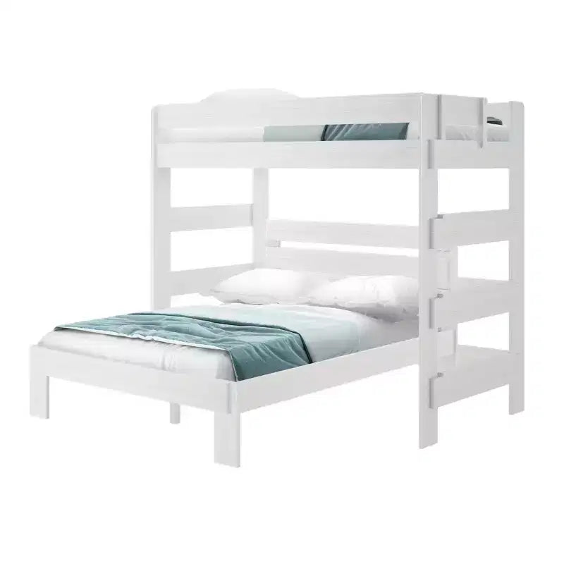 Lit superposé en L en bois massif style rustique, format double sur grand deux places, pour adultes