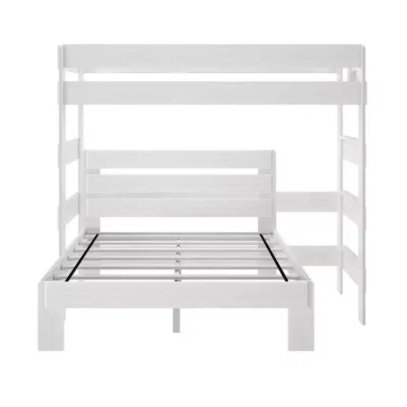 Lit superposé en L en bois massif style rustique, format double sur grand deux places, pour adultes