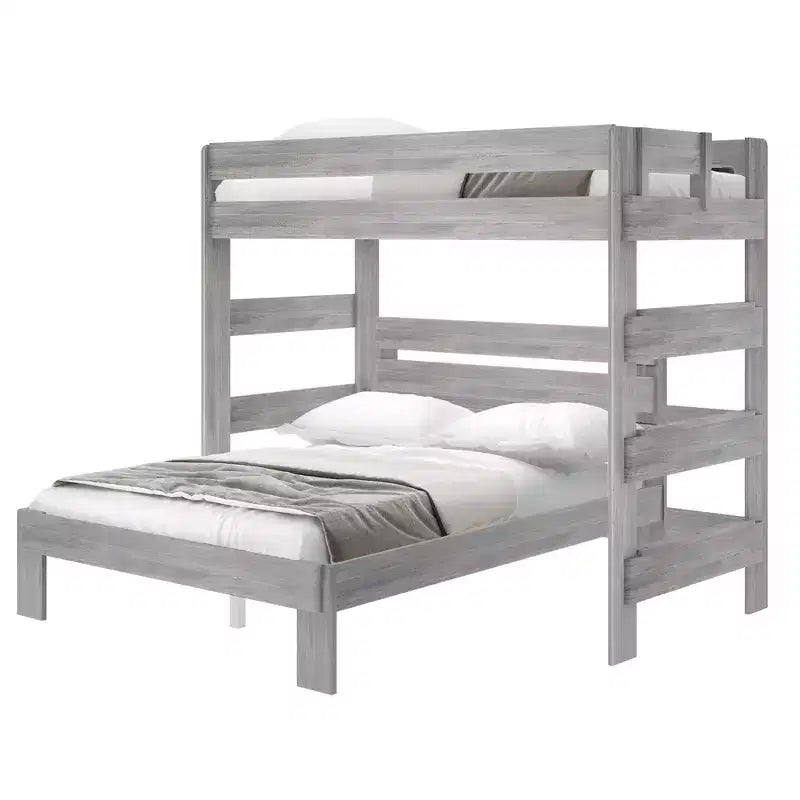Lit superposé en L en bois massif style rustique, format double sur grand deux places, pour adultes
