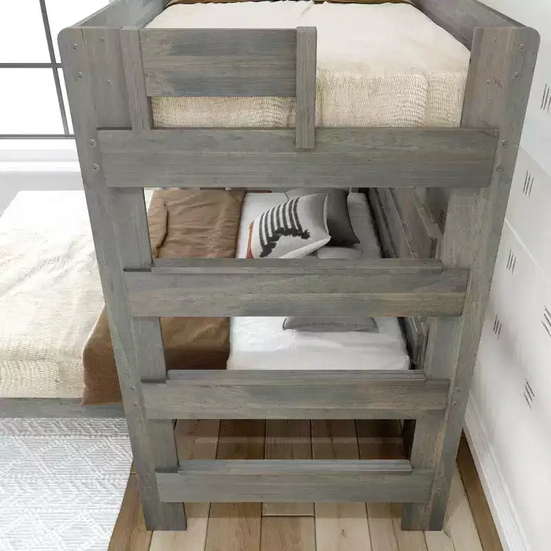 Lit superposé en L en bois massif style rustique, format double sur grand deux places, pour adultes
