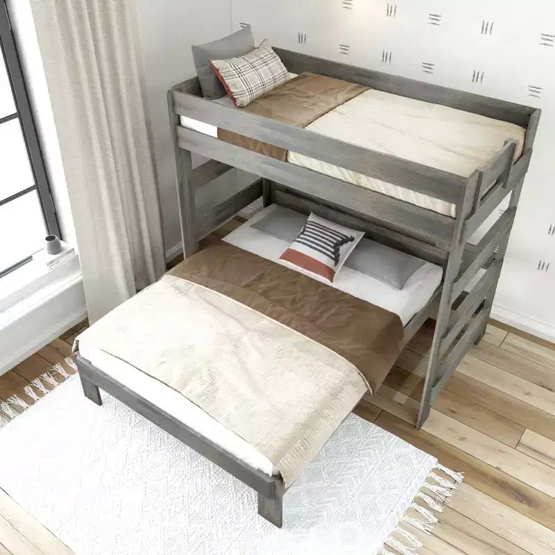 Lit superposé en L en bois massif style rustique, format double sur grand deux places, pour adultes