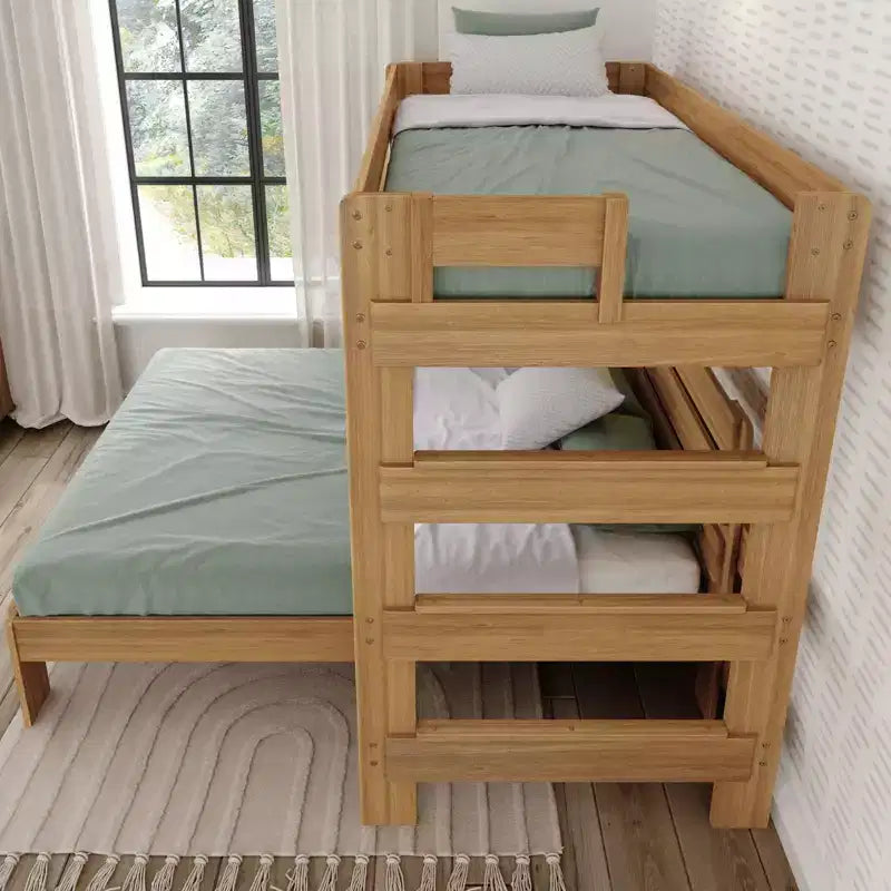 Lit superposé en L en bois massif style rustique, format double sur grand deux places, pour adultes